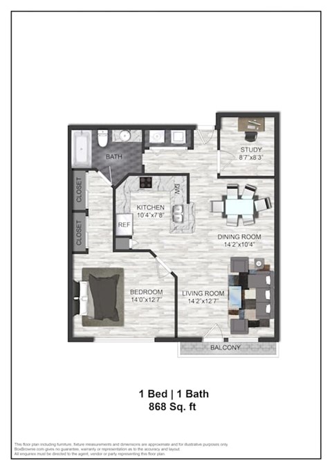 Floor plan for 1 bed, 1 bath, 868 sqft
